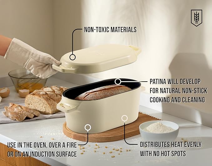 KooK Enameled Cast Iron Dutch Oven for Sourdough Bread Baking - 3.4 Qt Pot with Lid for Even Heat Distribution - Includes Silicon Bread Sling and Recipe Book for Home Bakers