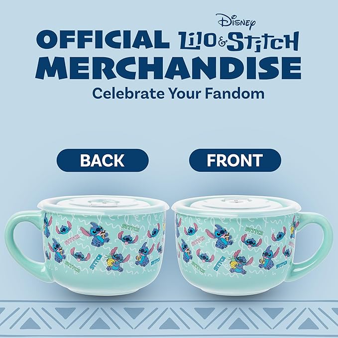 Silver Buffalo Disney Lilo and Stitch Snack and Food Pattern Ceramic Soup Mug with Vented Plastic Lid, 24 Ounces