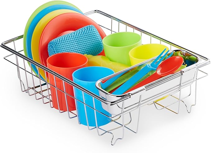 Melissa & Doug Wash and Dry Dish Set - 24 Pieces Kids Play Dishes, Play Kitchen Accessories, Toy Dishes for Kids Kitchen Ages 3+