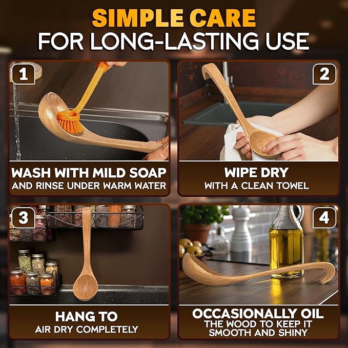 2 Pcs Wooden Ladle for Soup – 10.8×2.8" Bamboo Soup Ladle for Stews and Sauces with Deep 2.7 fl oz Capacity & Lacquer-Coated Finish – Wooden Cooking Spoons with Hook Handles for Kitchen & Catering