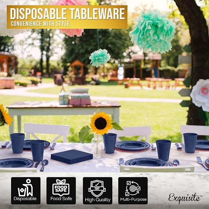 350 Pcs Navy Plastic Plates For Party, Navy Disposable Plates Set, 50 Of Each 9" Dinner Plate Set, 7" Dessert Plate, Cups, Napkins & Cutlery Plastic Dinnerware Set Exquisite