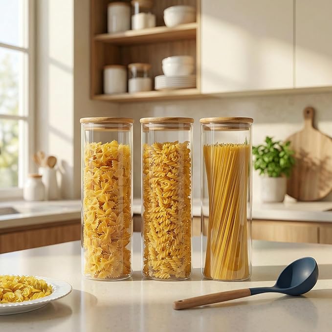 Glass Jars with Bamboo Lids 79 FL OZ [Set of 3], Glass Canisters with Airtight Lids, Glass Food Storage Containers for Spaghetti, Fettuccine, Linguine,Pasta, Best for Kitchen & Pantry