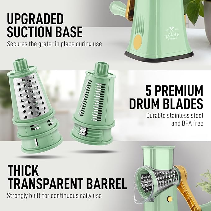 Zulay Kitchen Rotary Cheese Grater 5 Blade Cheese Shredder - Manual Hand Crank Cheese Grater With Reinforced Suction & 5 Interchangeable Drums - Easy to Use, Vegetable Chopper Round Mandoline Slicer