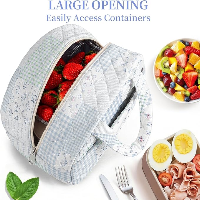 Quilted Lunch Box for Women,Coquette Aesthetic Lunch Box for Teen Girls,Cute Floral Lunch Bags for Work, School,Office,Picnic,Travel (green blue pin)