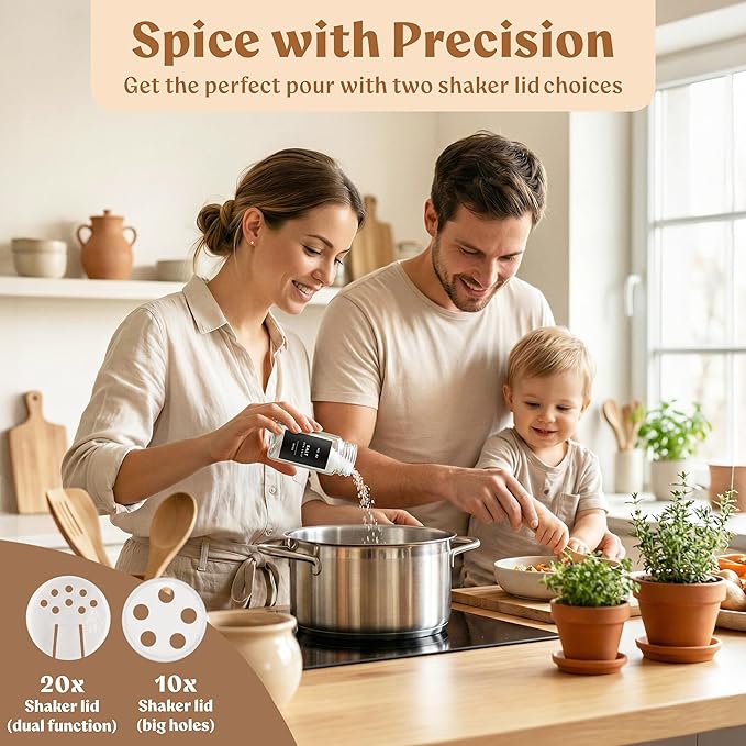 Glass Spice Jars with Label and Black Aluminium Lids (24 x 4oz) Spice Containers with 240 Labels, Shaker Inserts, Steel Funnel, Empty Square Seasoning Organizer (Black Aluminium Lid)