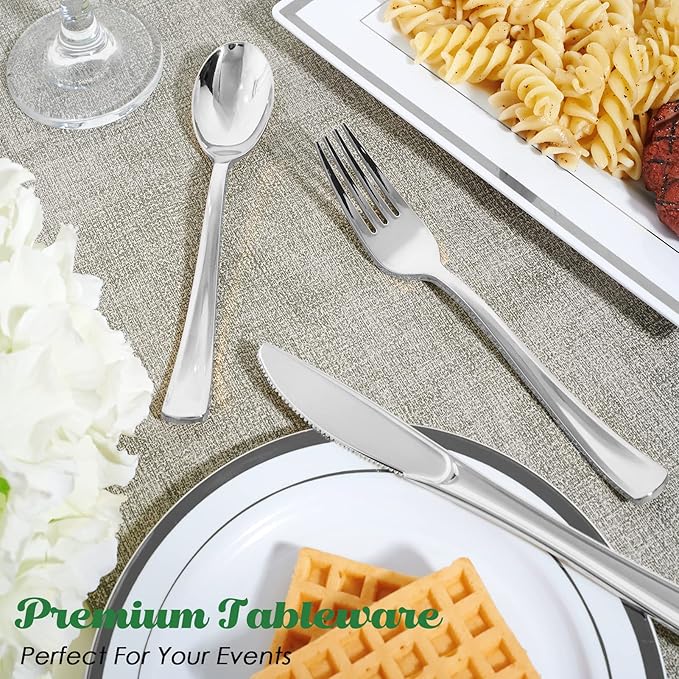 FOCUSLINE 75 Pack Silver Plastic Silverware Disposable Cutlery Set - 25 Forks Knives Spoons - Disposable Flatware Heavy Duty Plastic Utensils Set for Catering, Parties, Dinners, Weddings