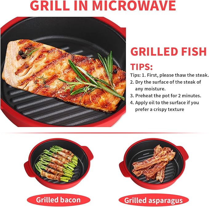 Microwave Grill Pan, Fry Griddle Crisper Pan with Lid for Grilling Browning and Crisping Foods Microwave Silicone Cookware for Baked Potato Meat Sandwich Vegetable Dark Grey