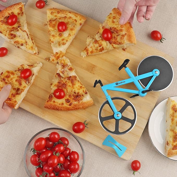 Pizza Cutter, Bicycle Pizza Cutter Wheel with Non-Stick Stainless Steel Super Sharp Blades, Novelty Gift, 7.5", Blue