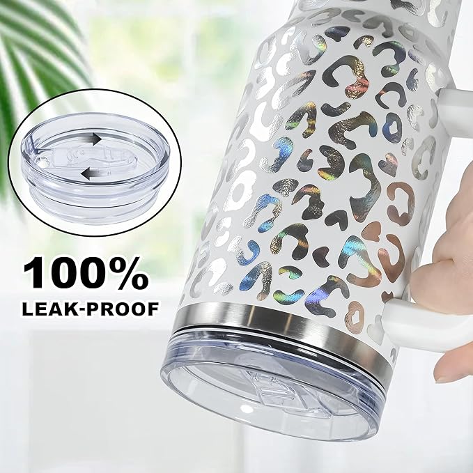 40 oz Tumbler with Handle and Straw, 100% Leak-Proof Travel Mug, Stainless Steel Double Wall Vacuum Insulated Coffee Cup Keeps Cold For 34 Hours, Dishwasher Safe, Black Leopard