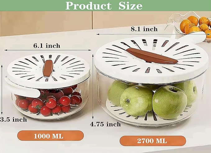 2 Pcs Fruit Vegetable Washing Bowl with Strainer,2.85QT+1QT Multipurpose Drain Basket with Lid & Foldable Handle,Fruit Strainer Container for Kitchen,Fridge,Picnics,Apartment