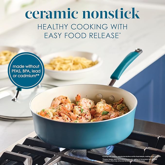 Rachael Ray Cucina Ceramic Nonstick Saute Pan with Lid, 3 Quart Non Stick Sauteuse Pan, Dishwasher Safe - Marine Blue