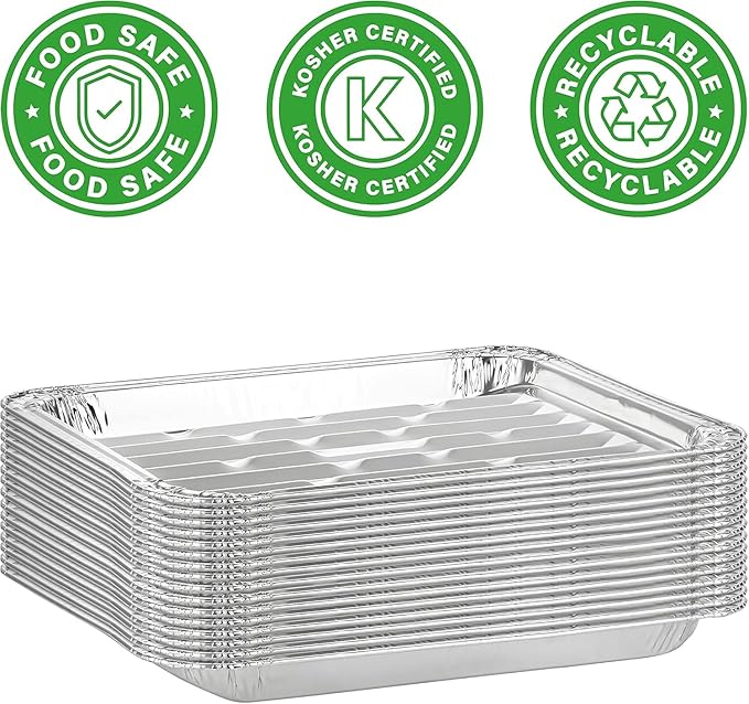 PARTY BARGAINS Aluminum Broiler Pans 12 Pack, Heavy-Duty Disposable Grill & Roasting Pans for BBQ, Oven & Catering, Ribbed Bottom for Even Heat - (Max 240°C)