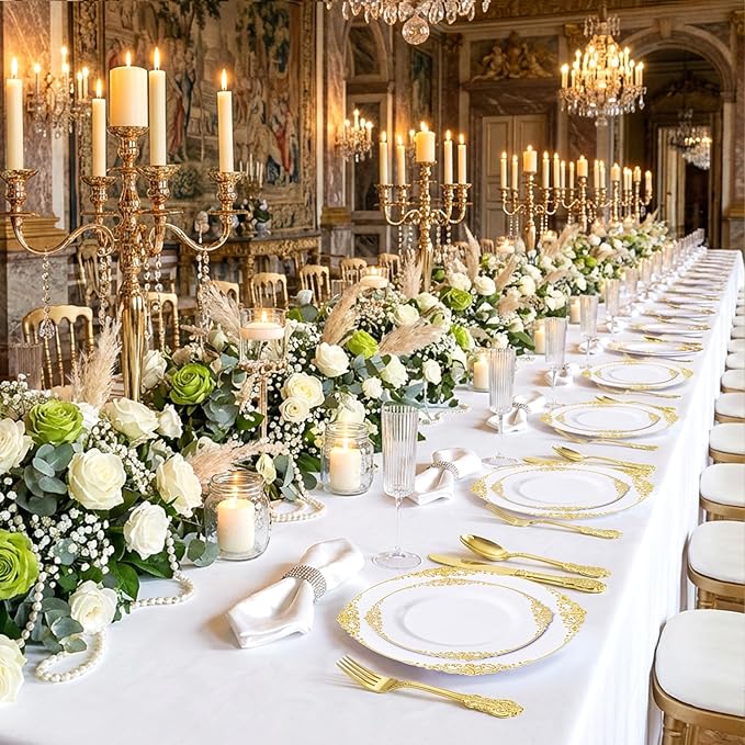 200PCS White and Gold Plates - Gold Plastic Plates - Fancy Disposable Plate - Gorgeous 10inch Dinner & 7.25inch Dessert Plate for 100 Guests for Wedding & Party