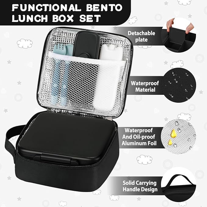 MAISON HUIS Bento Lunch Box with 8oz Soup Thermo, 5-Compartment Leak-Proof Container, Thermo Hot Food Jar and Insulated Lunch Bag, BPA Free,Travel, School (Black)