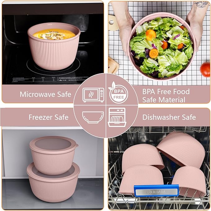 BoxedHome Mixing Bowls with Lids Set, 4 Packs BPA-Free Plastic Prep Bowls for Kitchen, Dishwasher & Microwave Safe, Pink