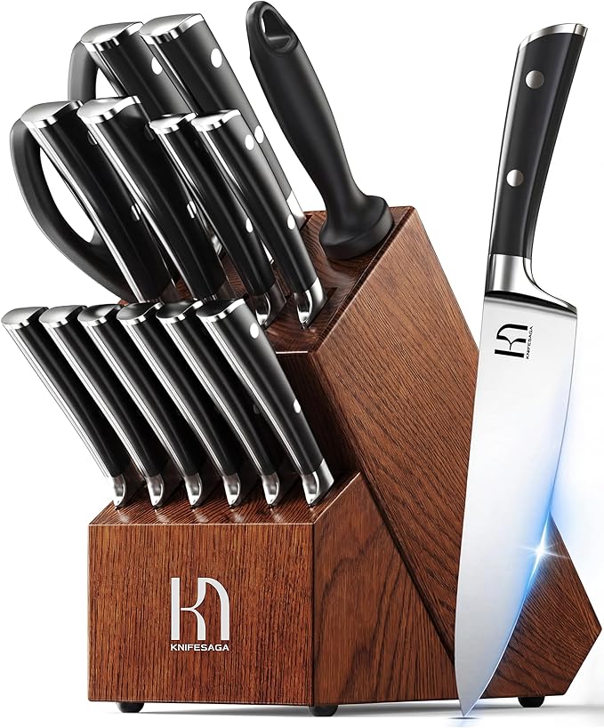 Knife Set, 15 Pcs Kitchen Knife Block Set, Enduring Razor-Sharp High Carbon Stainless Steel Chef Knife Set with Block and Sharpener, Premium Knives Set for Kitchen, Ash Wood Valentine's Gift