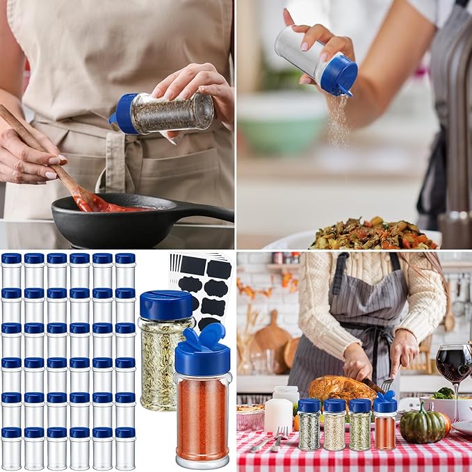 Eccliy 36 Pack 3 oz Clear Plastic Spice Jars with Label and Shaker Lids Empty Spice Bottles Seasoning Containers Seasoning Jars Shaker Condiment Pots for Pepper Herbs Powders(Blue)
