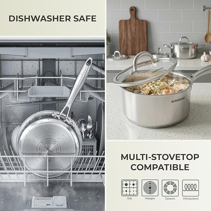 SUNHOUSE 3 Quart Whole-Clad Tri-Ply Stainless Steel Saucepan with Glass Lid, Premium 18/8 Stainless Steel, Even Heat Distribution, Induction Ready, Stay-Cool Handle, Dishwasher Safe