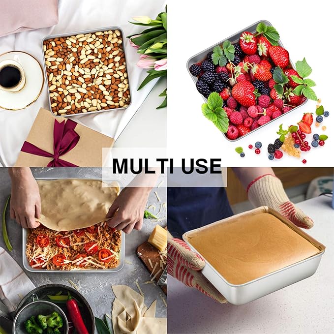 TeamFar 8 x 8 Inch Square Cake Pan, Square Baking Brownie Pan Stainless Steel for Wedding Christmas Party, Healthy & Non Toxic, Sturdy & Brushed Surface, Dishwasher Safe(2 PCS)