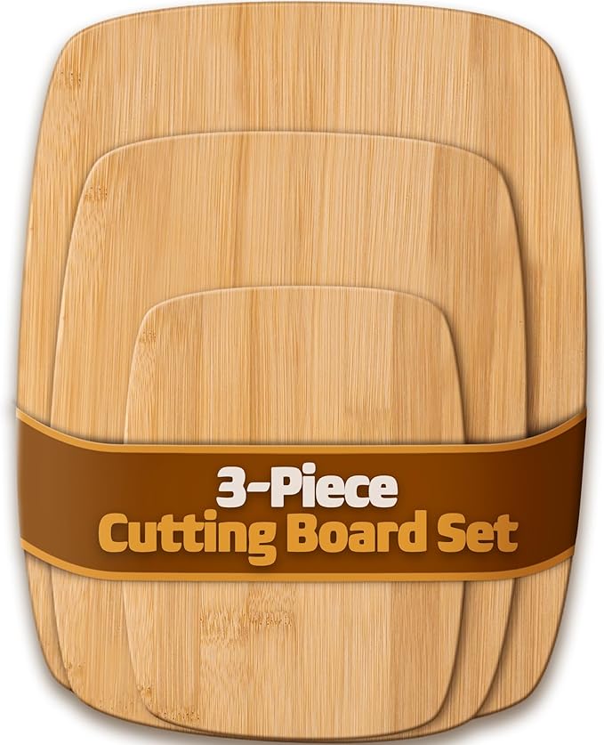 3-Piece Reversible Bamboo Cutting Board Set for Kitchen - Wooden Chopping Boards and Charcuterie Serving Boards for Cheese Meat Bread Fruit and Meal Prep, Knife Friendly Food Grade Bamboo by Bambüsi
