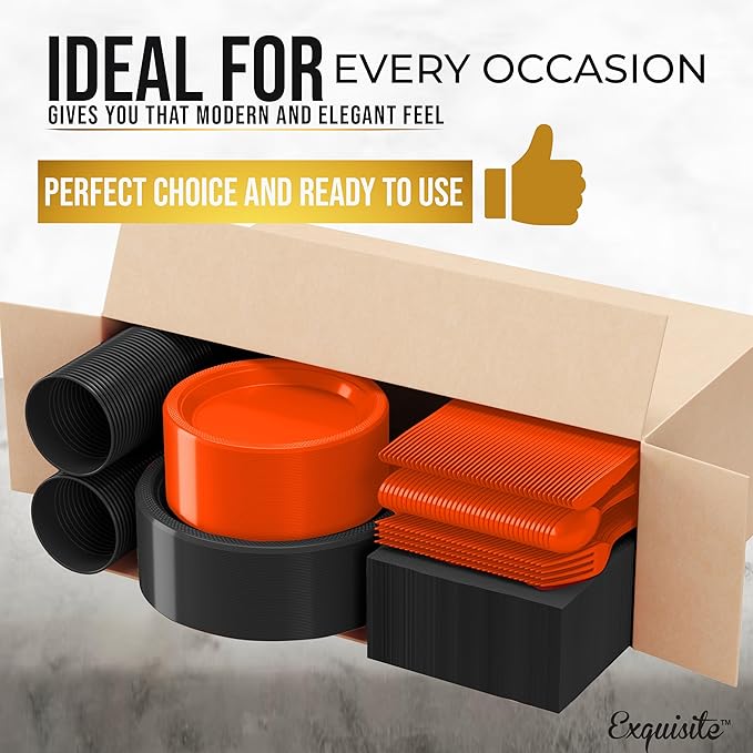 350 Pcs Orange & Black Plastic Plates For Party, Orange & Black Disposable Plates Set, 50 Of Each 9" Dinner Plate Set, 7" Dessert Plate, Cups, Napkins & Cutlery Plastic Dinnerware Set Exquisite