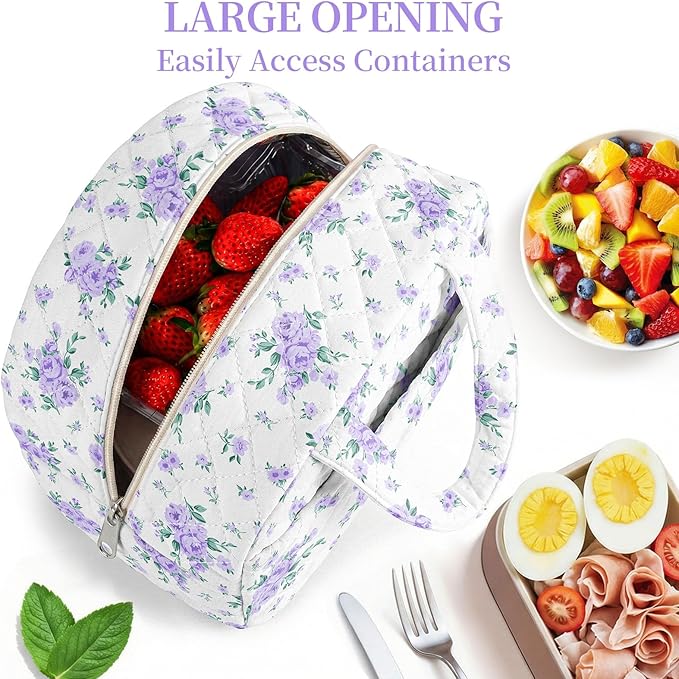 Quilted Lunch Box for Women,Coquette Aesthetic Lunch Box for Teen Girls,Cute Floral Lunch Bags for Work, School,Office,Picnic,Travel (Big Purplre Floral)