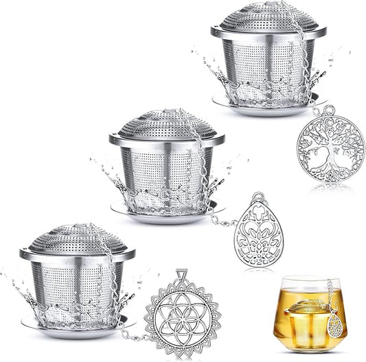3 Sets Tea Infusers Steeper for Loose Leaf Tea Holder Stainless Steel Tea Ball Mesh Strainer Filters with Drip Trays and Pendant(Plant Style)