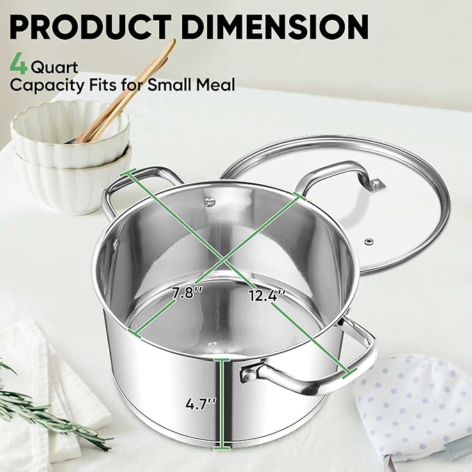 TeamFar Stainless Steel Stock Pot, 4-quart Tri-ply Base Stockpot Cooking Pasta Pot with Lid, for Induction Gas Glass Electric, Healthy & Heavy Duty, Ergonomic Handles & Straight Side, Dishwasher Safe