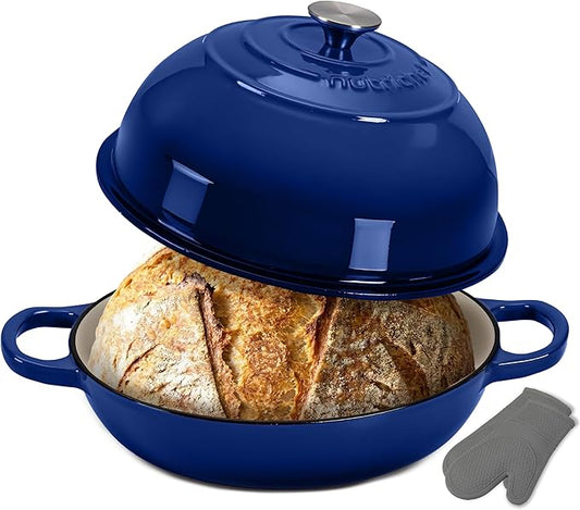 NutriChef 10.2" Enameled Cast Iron Bread Oven, Dome-Shaped Sourdough Baking Pan with Handles & Silicone Gloves, Oven-Safe to 500°F, Dishwasher Safe Dutch Oven Bread Pan (Blue)