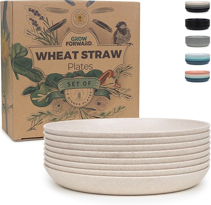 Grow Forward Premium Wheat Straw Plates - 8 Inch Reusable Hard Plastic Dinner Plates Set of 8 - Unbreakable Microwave Safe Plates for Dessert, Camping, RV, Outdoors, Patio, Kitchen Dishes - Sahara