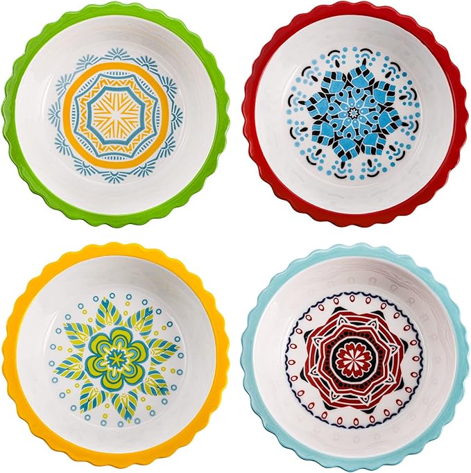 Coloch 4 Pack Ceramic Mini Pie Pan with Fluted Rim, 6 Inch Round Pie Plate Colorful Floral Pie Tins Tiny Serving Bowl for Dessert, Candies, Baking, Dishwasher and Microwave Oven Safe
