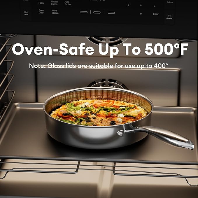 COOKER KING 3.6-Quart Hybrid Stainless Steel Sauté Pan with Lid, 11" Tri-Ply Clad Deep Frying Pan, Nonstick & Non-Toxic Skillet, All Stovetop & Induction Compatible, Oven & Dishwasher Safe