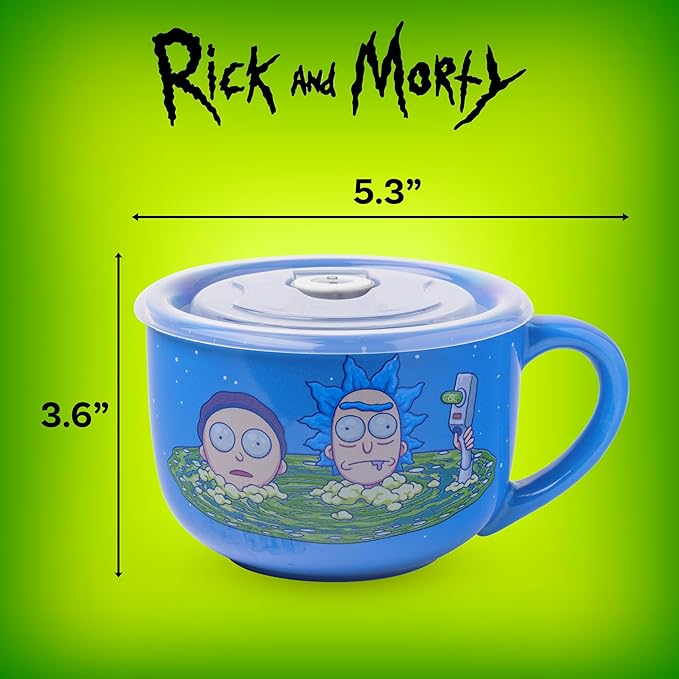 Silver Buffalo Rick and Morty Ceramic Soup Mug with a Vented Plastic Lid, 24 Ounces