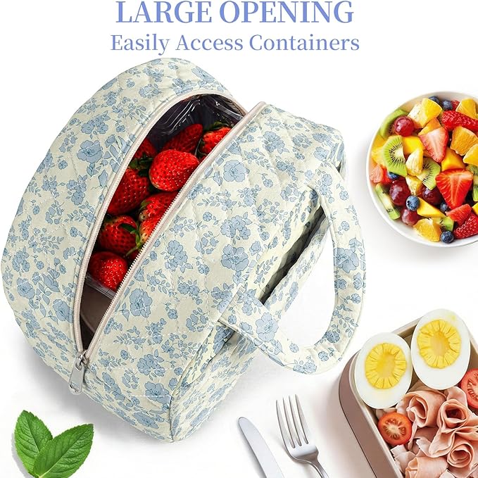 Quilted Lunch Box for Women,Coquette Aesthetic Lunch Box for Teen Girls,Cute Floral Lunch Bags for Work, School,Office,Picnic,Travel (Cute Blue Floral)