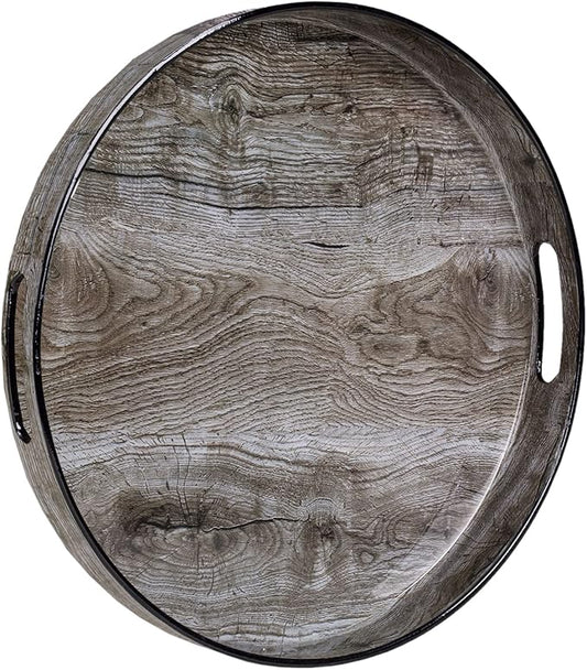 MAONAME 13" Round Decorative Tray, Plastic Tray with Handles, Coffee Table Trays, Serving Trays for Ottoman, Bathroom, Kitchen (Sticker Wood Grain)