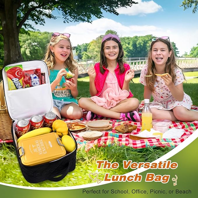 Aileam Lunch Box for Women Black Lunch Bag Quilted Reusable Insulated Cute Lunch Box Aesthetic Tote Bags Floral Cotton Lunch Case for Travel Work Picnic (Black)