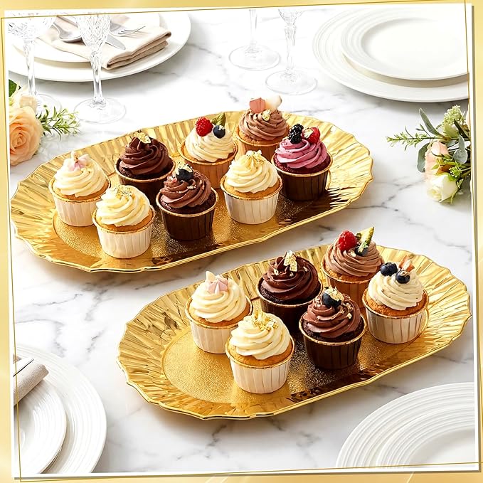12 Pcs Gold Plastic Serving Tray Bulk, 14.5" x 8.6" Rectangle Gold Party Platters Reusable Decorative Dessert Table Serving Trays Snack Food Tray for Cupcake Cookie Wedding Birthday Party