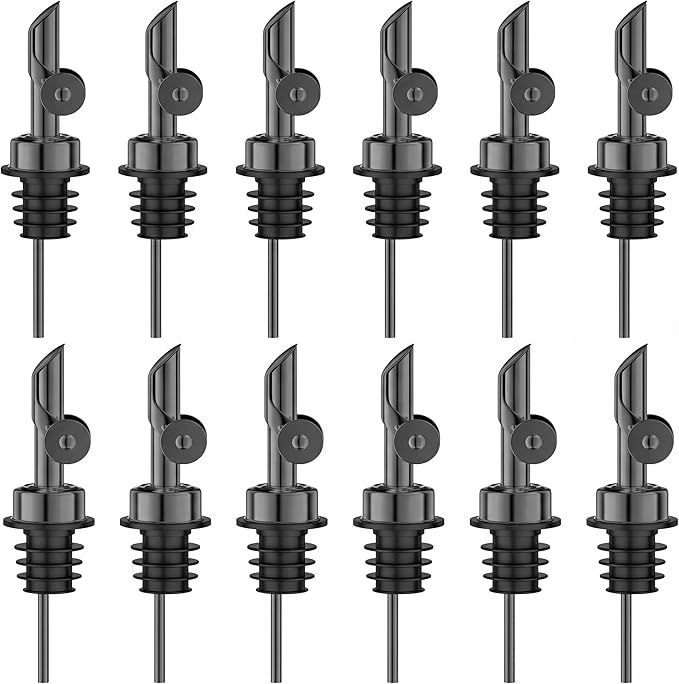 Auto Flip Liquor Pour Spouts 12-Pack, Leak-Proof 304 Stainless Steel Wine Pourer & Olive Oil Dispenser with Food-Grade Silicone for Kitchen, Bar, Restaurant (Black)