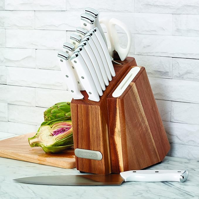 Farberware Edgekeeper Triple Riveted Slim Acacia Knife Block Set with Built in Sharpener, 14-Piece, White