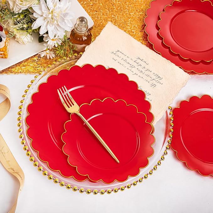 LIYH 60 Pcs Red Plastic Plates Disposable with Gold Edge Scalloped Red Disposable Plates Includes 30 Dessert & 30 Dinner Plate Dishes Tableware for Party Birthday Mother's Day