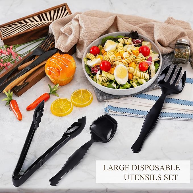 Mwellewm 36Pcs Plastic Serving Utensils Set Large Disposable Serving Spoons Forks Tongs for Serving Food 8.5'' Heavy Duty Black Large Party Utensils Supplies for Buffet Restaurant Dinner Salad Soup