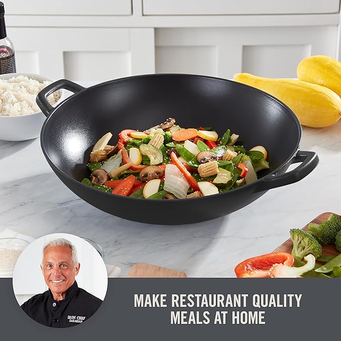 Zakarian By Dash 14” Cast Iron Wok for Restaurant Quality Stir Fry, Seafood, Deep Frying, and Steaming - Black