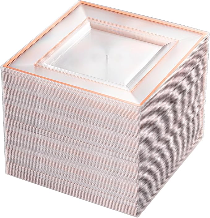 bUCLA 100 Pieces Clear Rose Gold Square Plastic Plates - 6 Inch Clear Plastic Dessert/Cake Plates with Rose Gold Trim Disposable - Ideal for Party, Wedding, Mother's Day & Valentine's Day