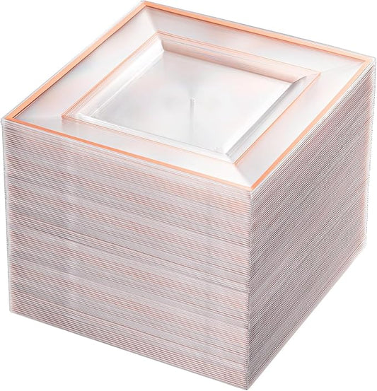 bUCLA 100 Pieces Clear Rose Gold Square Plastic Plates - 6 Inch Clear Plastic Dessert/Cake Plates with Rose Gold Trim Disposable - Ideal for Party, Wedding, Mother's Day & Valentine's Day