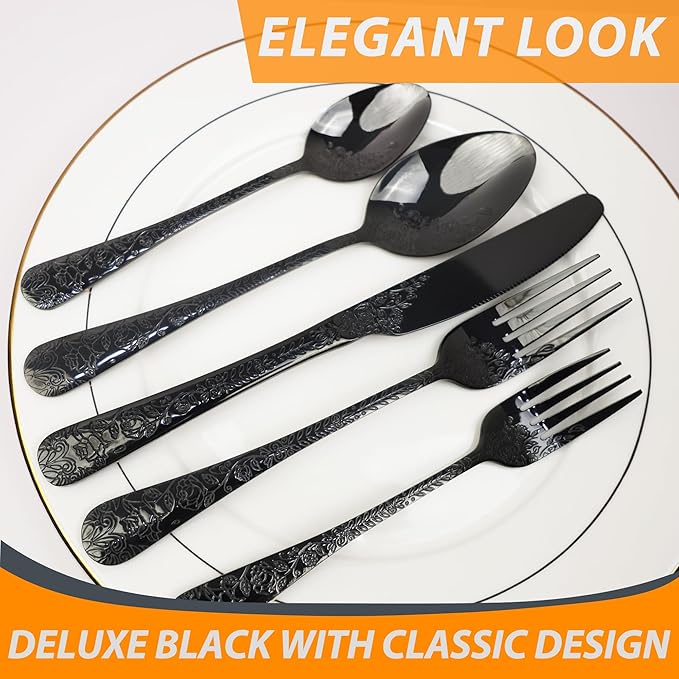 Runfly Vintage Carved Floral Black Silverware Set for 4, Stainless Steel 20-Piece Flatware Set with Knife/Fork/Spoon, Cutlery Set for Home and Kitchen, Modern Utensil Set