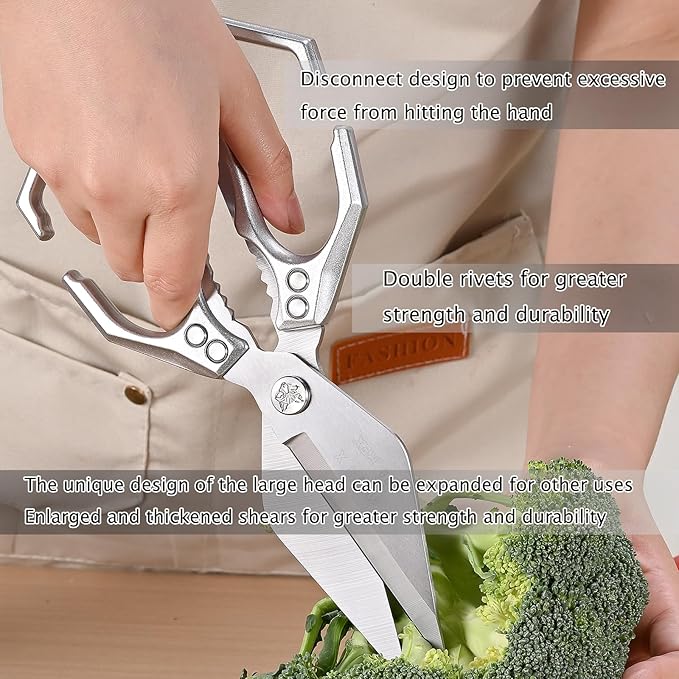 Kitchen Shears,Poultry Scissors,Stainless Steel Heavy Duty Scissors,Universal metal handles for both left and right hands,dishwasher safe shears sharp for Meat/food/Home/courtyards(Silver)