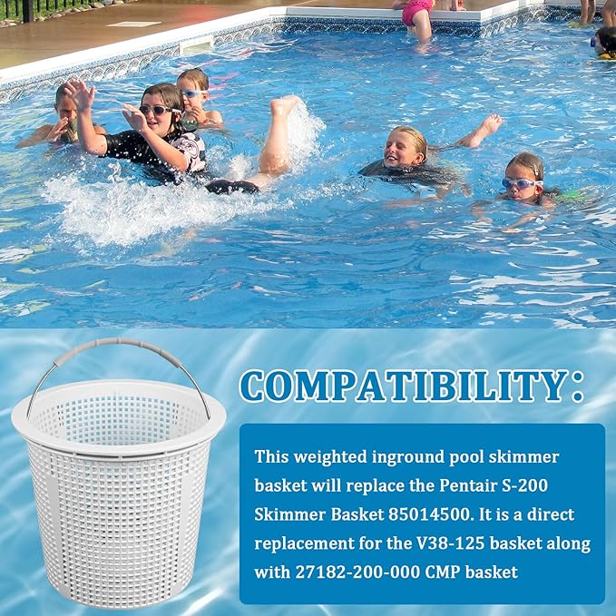 New Heavy Duty 8" Pool Skimmer Basket for Inground Pools Compatible with Pentair 85014500 & S200 Pool Skimmers | Built-in Weighting | 316 Stainless Steel Handle & Rubber Grip, White