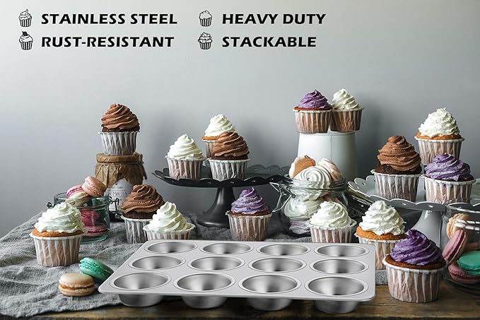 Leonyo 12-Cup Cupcake Pan, Stainless Steel Standard Size Cupcake Pans Tray for Baking, Metal Non-Toxic Muffin Tins, Dishwasher Oven Safe