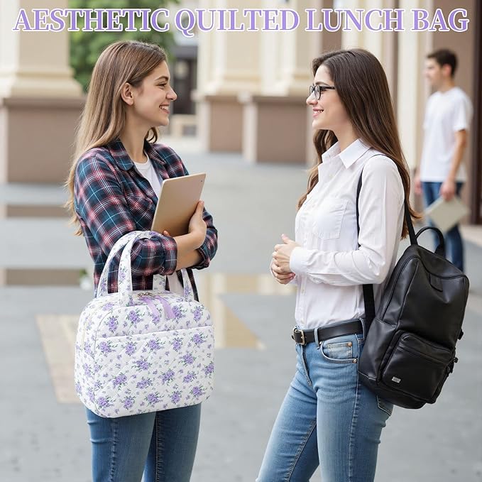 Quilted Lunch Box for Women,Coquette Aesthetic Lunch Box for Teen Girls,Cute Floral Lunch Bags for Work, School,Office,Picnic,Travel (Big Purplre Floral)