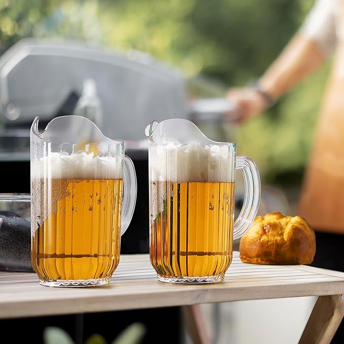 2-Pack Unbreakable Plastic Beer Pitcher, 60 oz, Restaurant-Grade Polycarbonate, Clear Beverage Dispenser with Pour Spout, Dishwasher-Safe, Ideal for Beer, Sangria, Lemonade Iced Tea Outdoor or Indoor